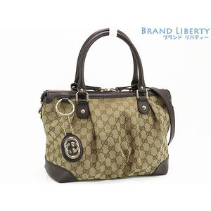 Gucci Sukey GG Canvas Handbag Boston Bag Shoulder Beige Dark Brown Leather